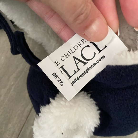 New Children's Place Baby Boy 0-6 Month Fur Navy Blue Trapper Hat & Mittens Set - Picture 3 of 6